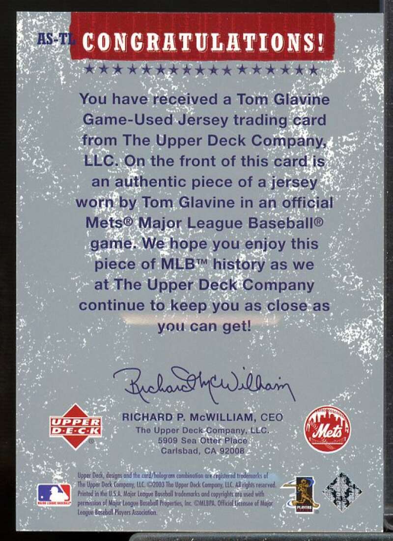 Tom Glavine Card 2004 Upper Deck Authentic Stars Jersey #TL  Image 2
