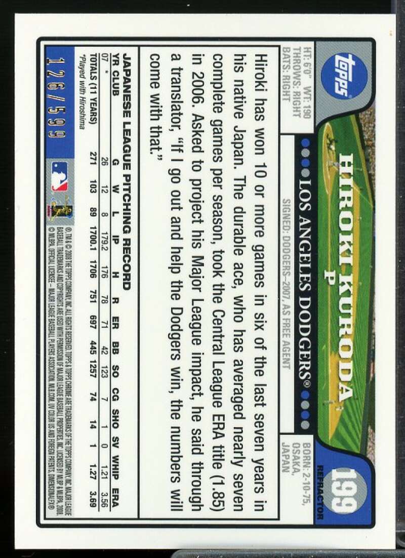 Hiroki Kuroda Card 2008 Topps Chrome Copper Refractors #199  Image 2