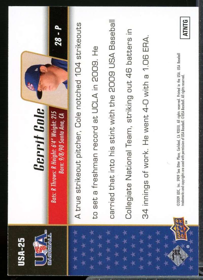 Gerrit Cole Rookie 2009 Upper Deck Signature Stars USA Star Prospects #USA25  Image 2
