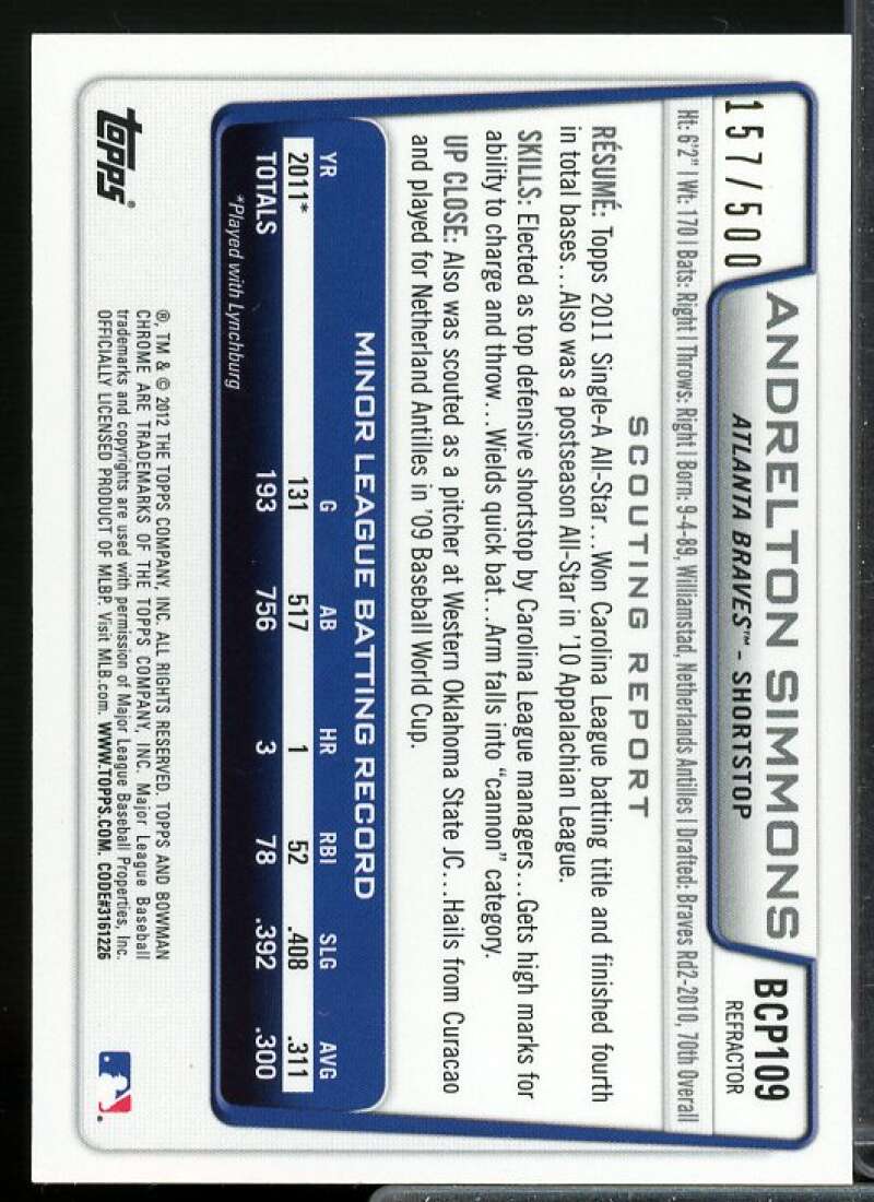 Andrelton Simmons Card 2012 Bowman Chrome Prospects Refractors #BCP109  Image 2