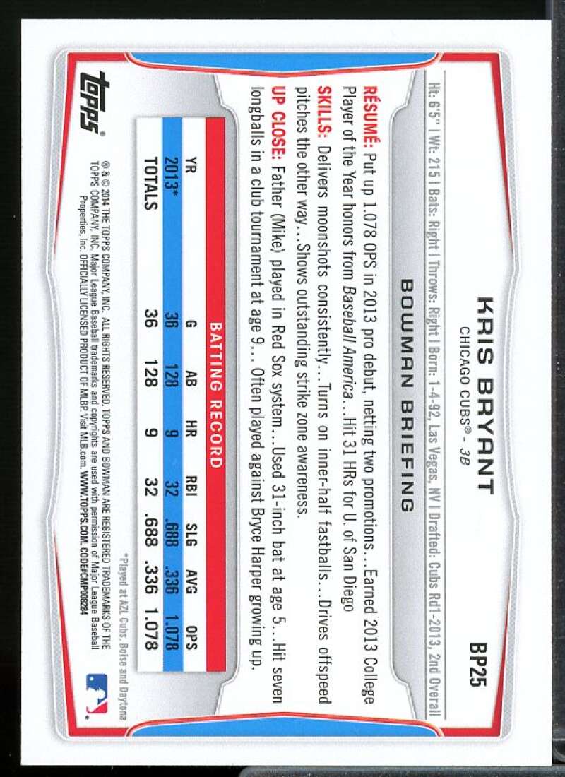Kris Bryant Rookie Card 2014 Bowman Prospects #BP25  Image 2