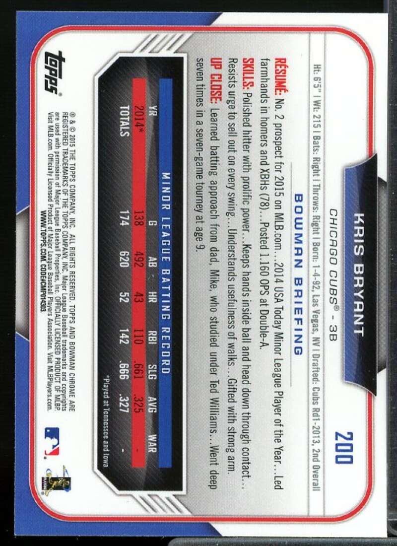 Kris Bryant Rookie Card 2015 Bowman Chrome #200  Image 2