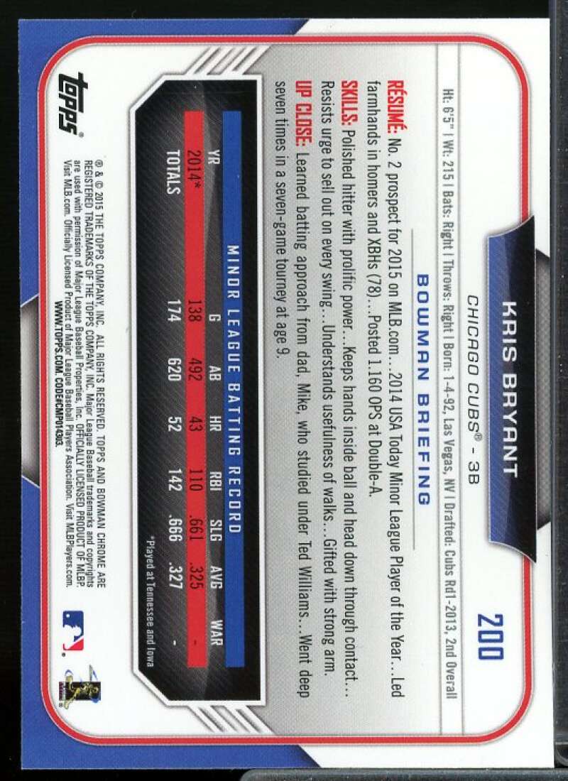 Kris Bryant Rookie Card 2015 Bowman Chrome #200  Image 2