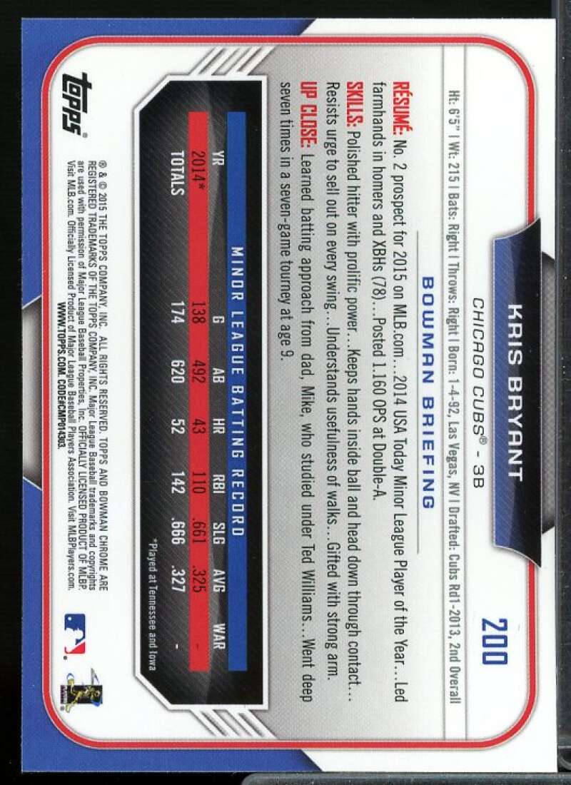 Kris Bryant Rookie Card 2015 Bowman Chrome #200  Image 2
