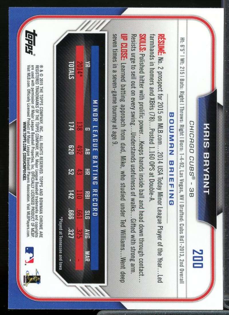 Kris Bryant Rookie Card 2015 Bowman Chrome #200  Image 2