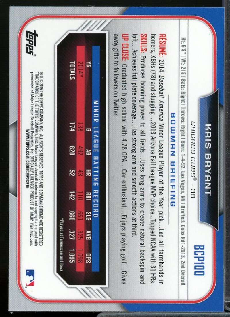 Kris Bryant Card 2015 Bowman Chrome Prospects #BCP100  Image 2