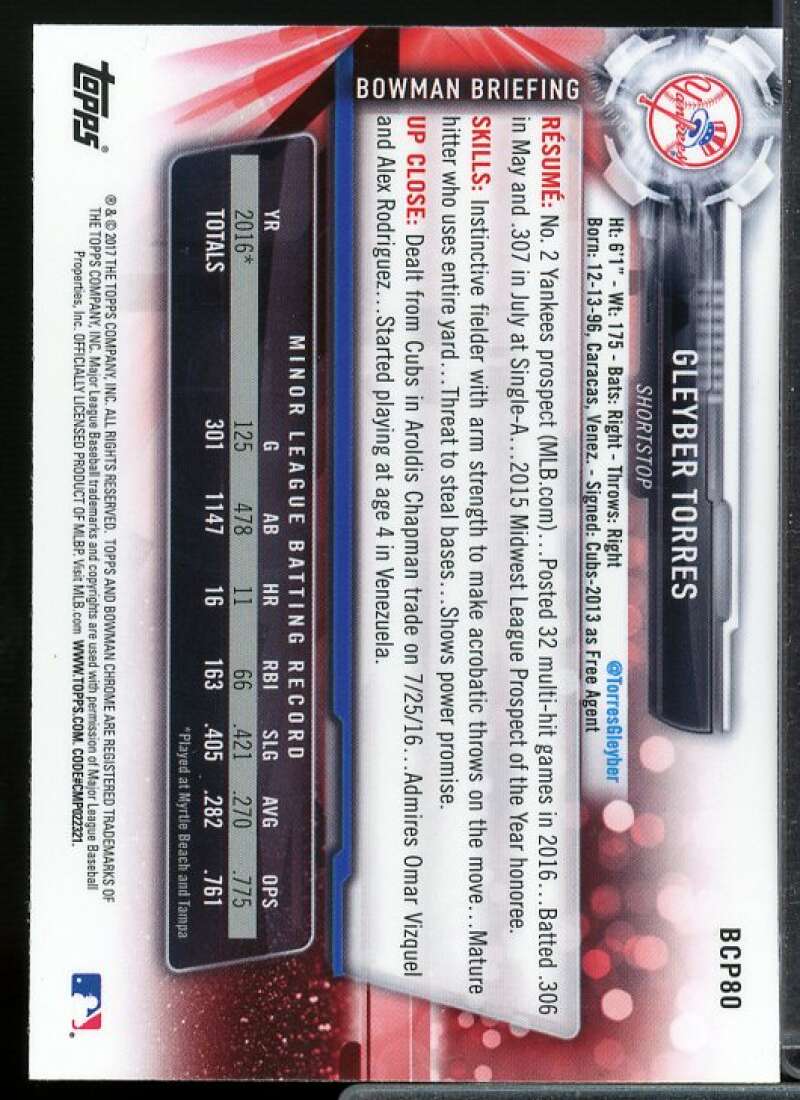 Gleyber Torres Rookie Card 2017 Bowman Chrome Prospects #BCP80  Image 2