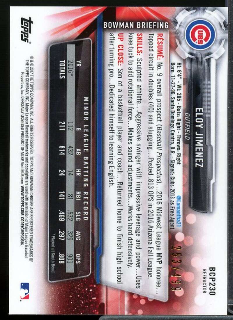 Eloy Jimenez Card 2017 Bowman Chrome Prospects Refractors #BCP230  Image 2