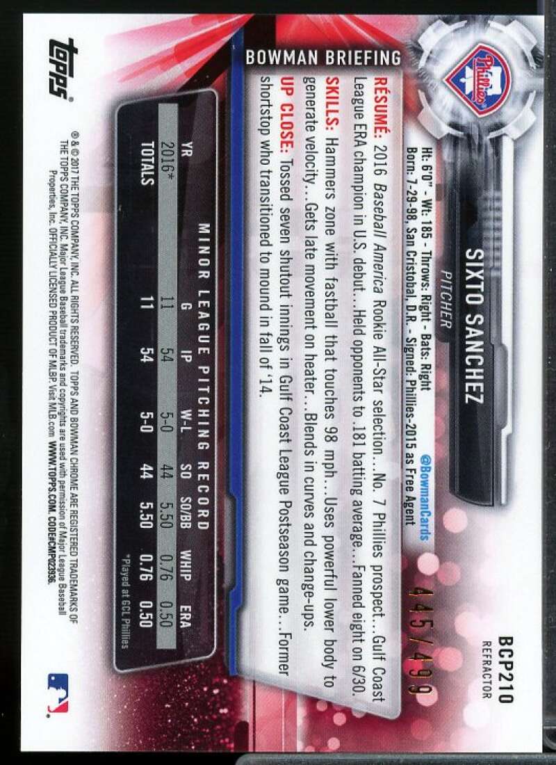 Sixto Sanchez Card 2017 Bowman Chrome Prospects Refractors #BCP210  Image 2