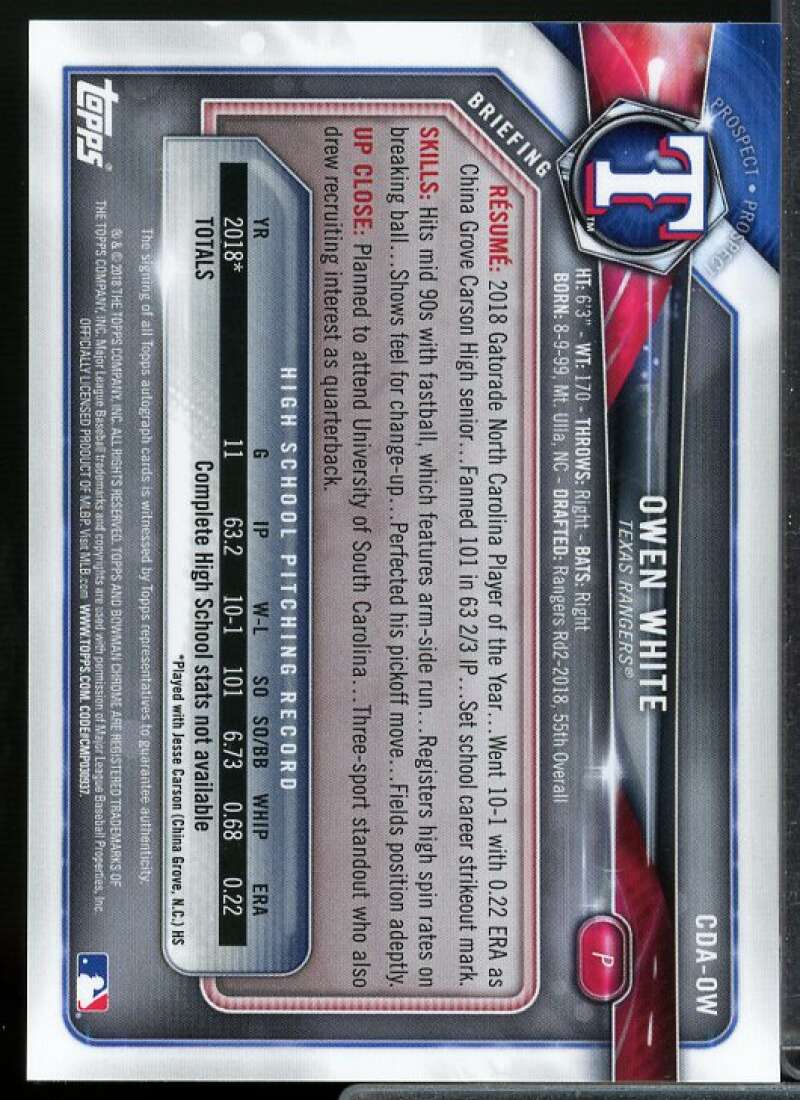 Owen White Card 2018 Bowman Chrome Draft Autographs Green Refractors #CDAOW  Image 2