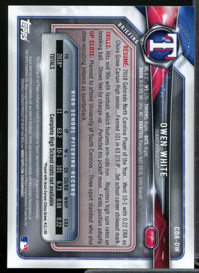 Owen White Card 2018 Bowman Chrome Draft Autographs Purple Refractors #CDAOW  Image 2
