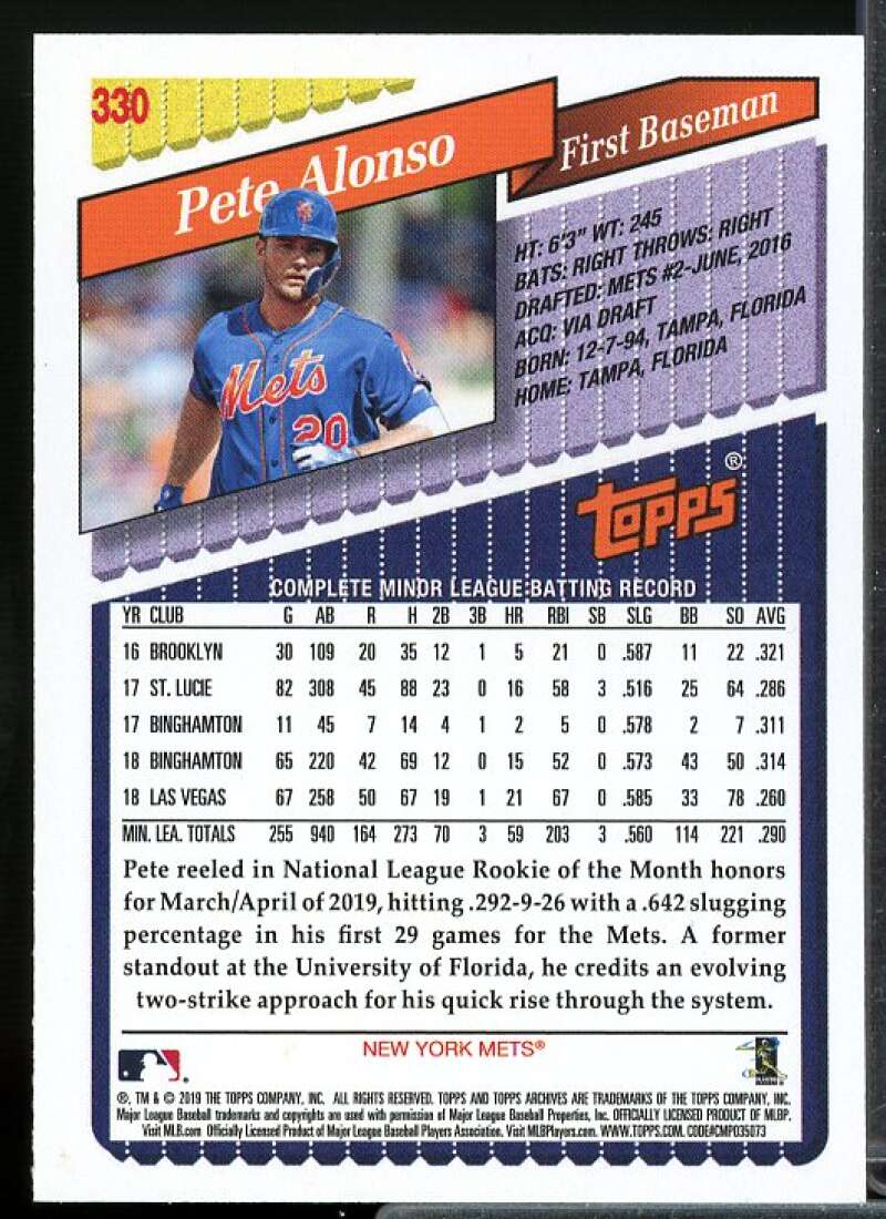 Pete Alonso Rookie Card 2019 Topps Archives #330  Image 2