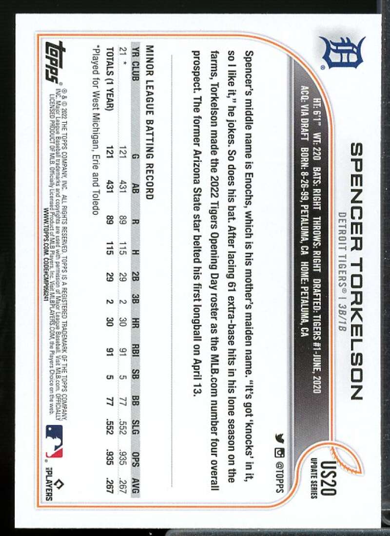 Spencer Torkelson Rookie Card 2022 Topps Update #US20  Image 2