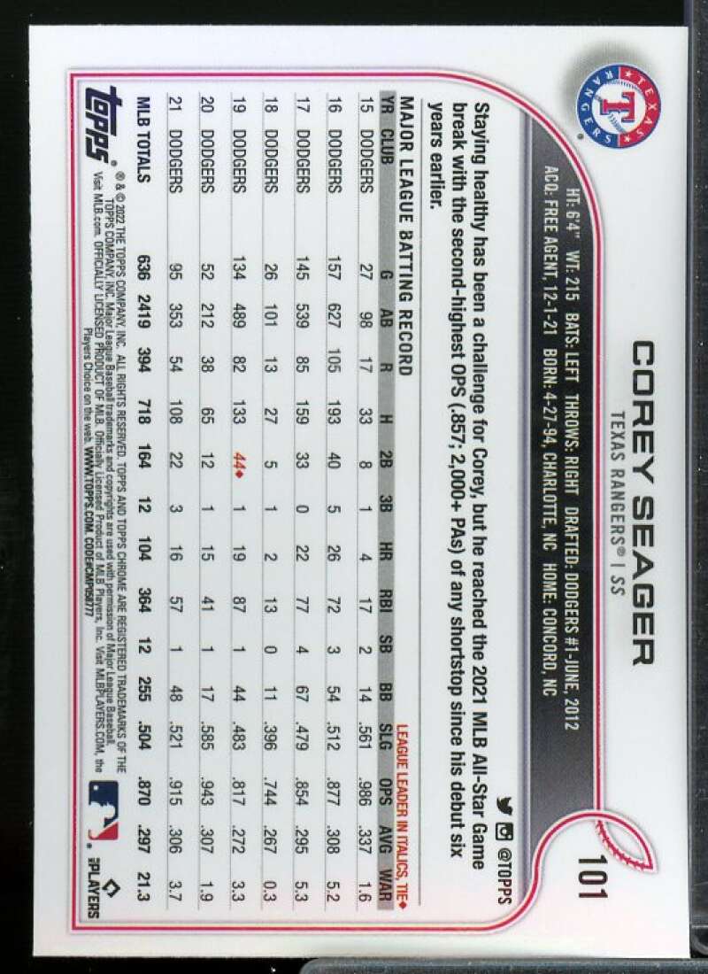 Corey Seager Card 2022 Topps Chrome Ben Baller #101  Image 2