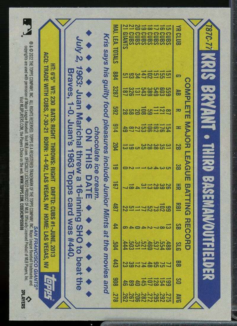 Kris Bryant Card 2022 Topps '87 Topps Silver Pack Chrome #T87C77  Image 2
