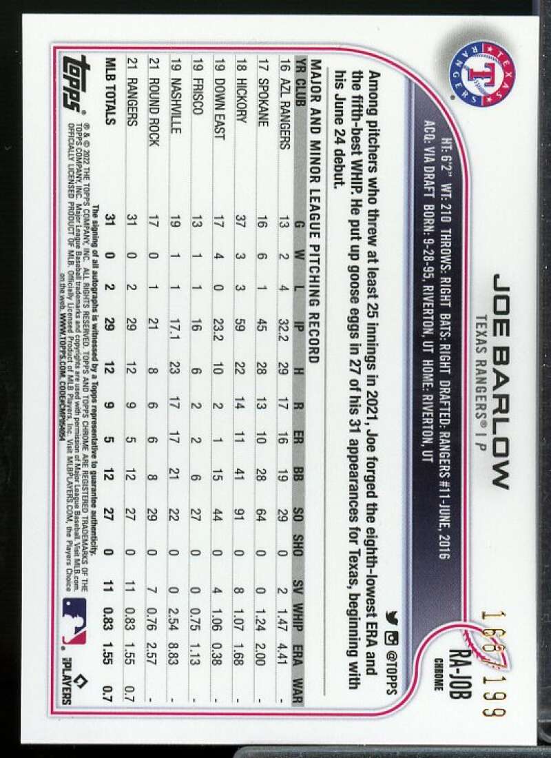 Joe Barlow Card 2022 Topps Chrome Rookie Autographs Aqua Wave Refractors #RAJOB  Image 2