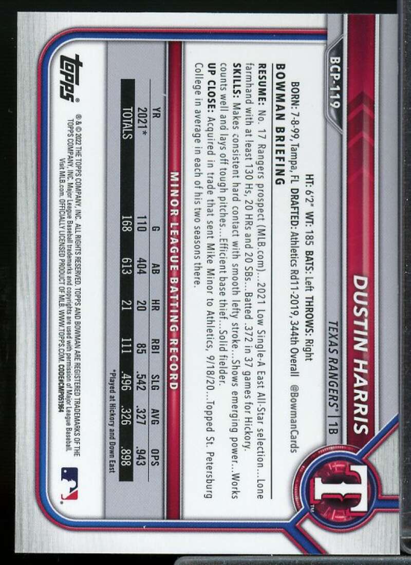 Dustin Harris Card 2022 Bowman Chrome Sapphire Prospects #BCP119  Image 2