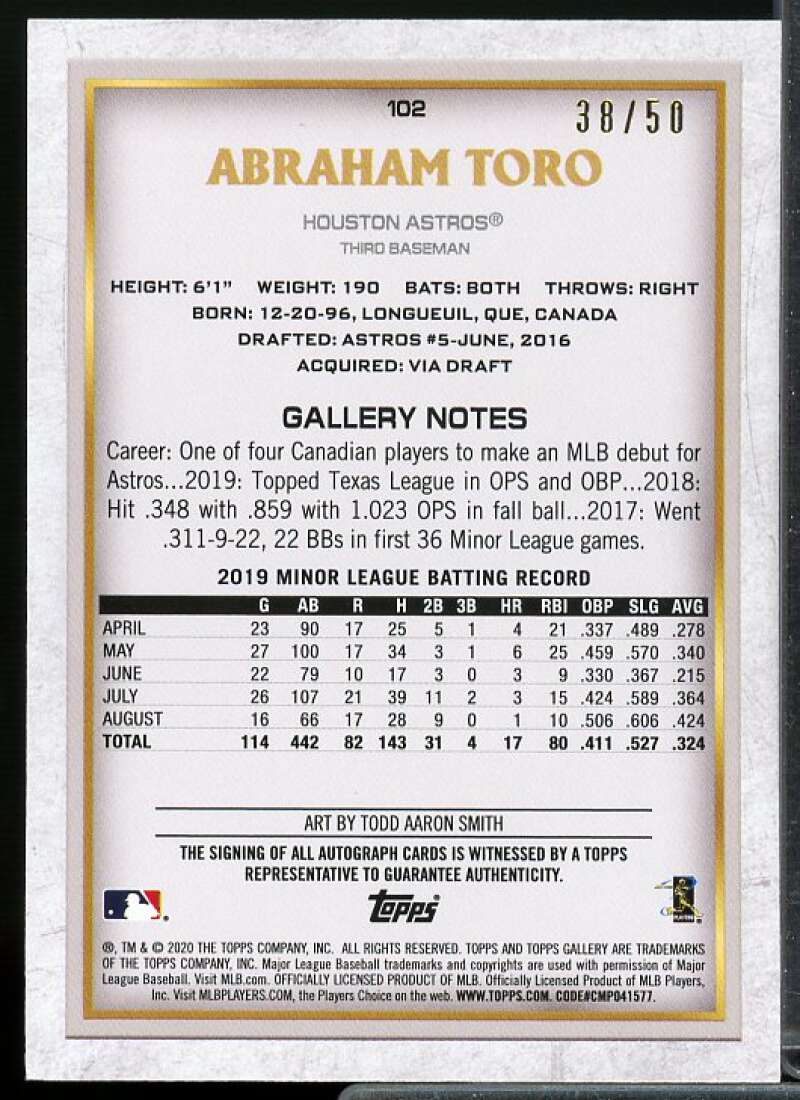 Abraham Toro Rookie Card 2020 Topps Gallery Autographs Blue #102  Image 2