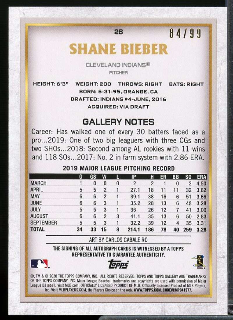Shane Bieber Card 2020 Topps Gallery Autographs Green #26  Image 2
