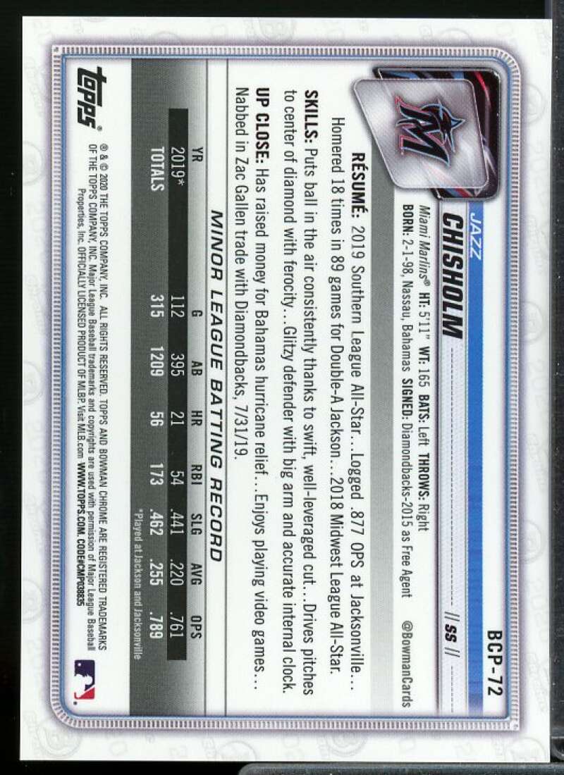 Jazz Chisholm Card 2020 Bowman Chrome Mega Box Prospects Pink Refractors #BCP72  Image 2