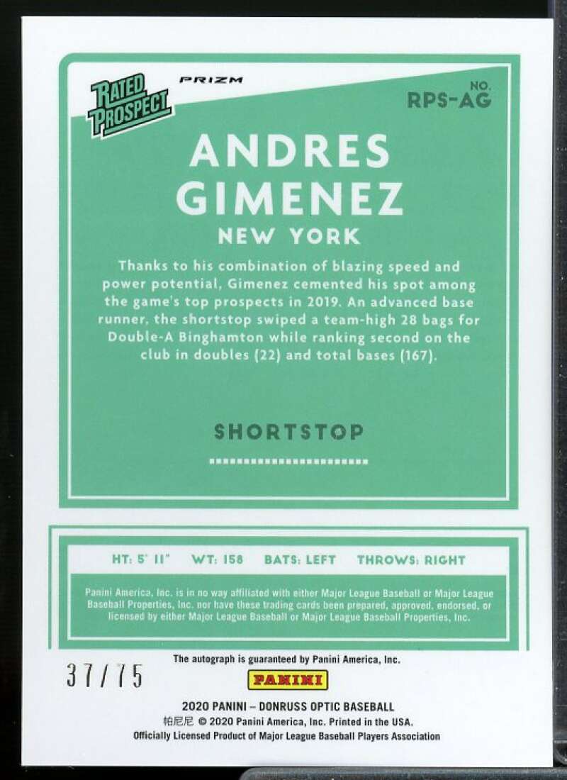 Andres Gimenez Rookie 2020 Donruss Optic Rated Prospects Signatures Purple #18  Image 2
