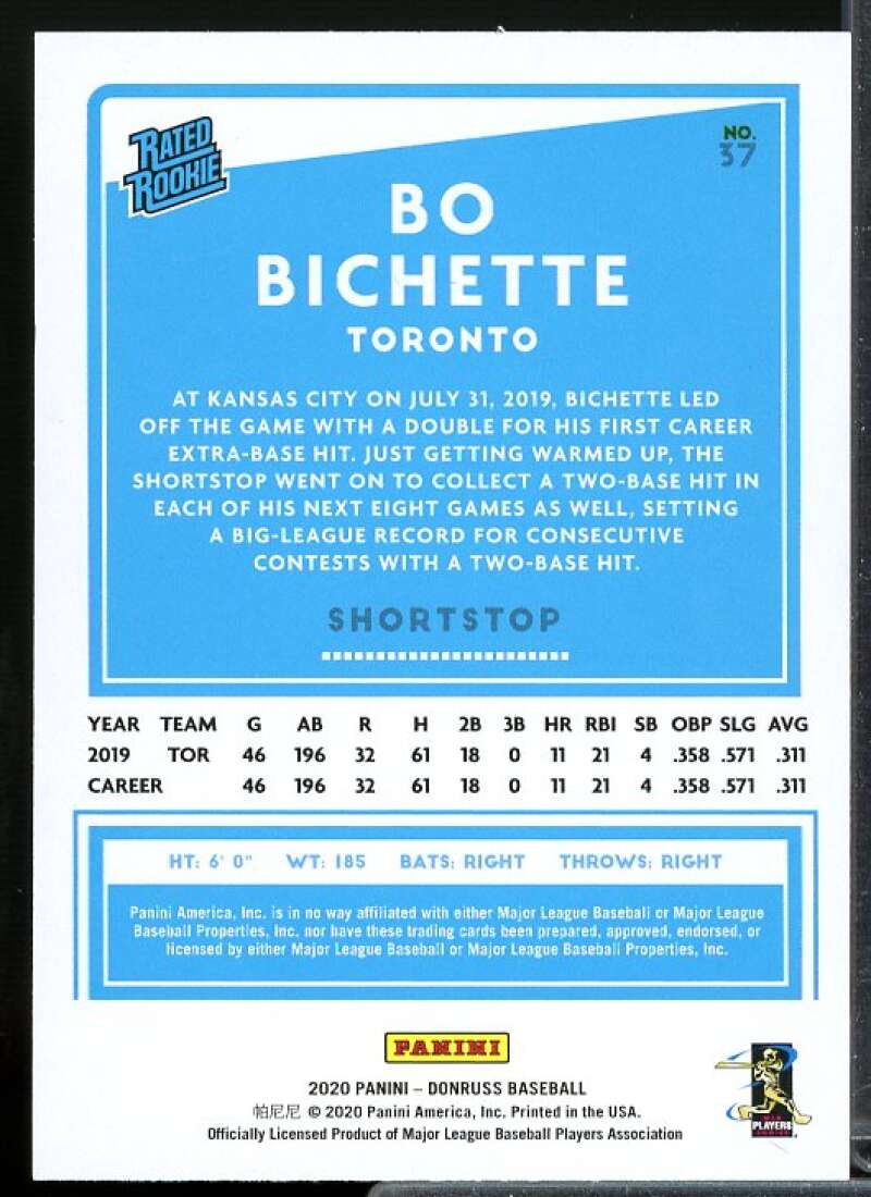 Bo Bichette Rookie Card 2020 Donruss #37  Image 2