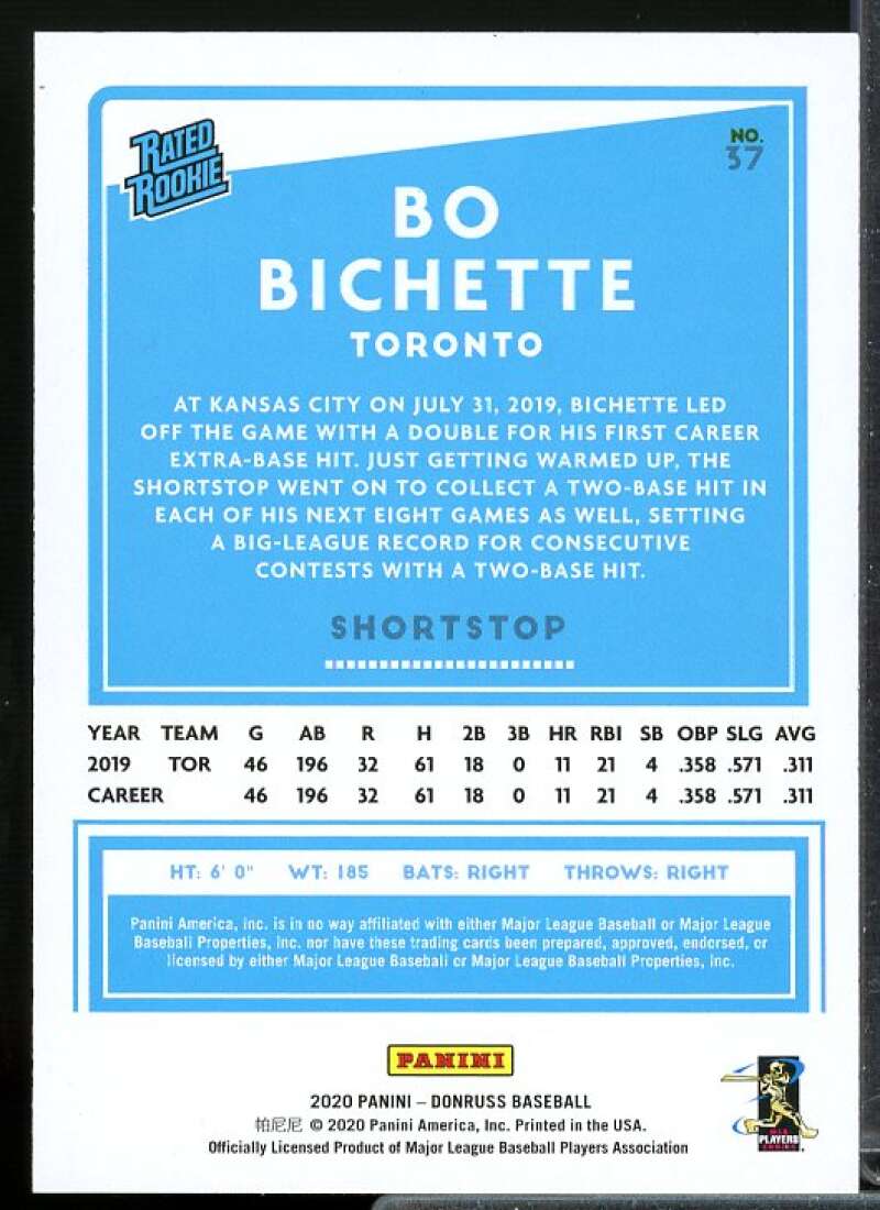 Bo Bichette Rookie Card 2020 Donruss #37  Image 2