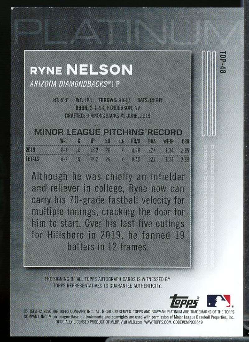Ryne Nelson Card 2020 Bowman Platinum Top Prospect Autographs Purple #TOP48  Image 2