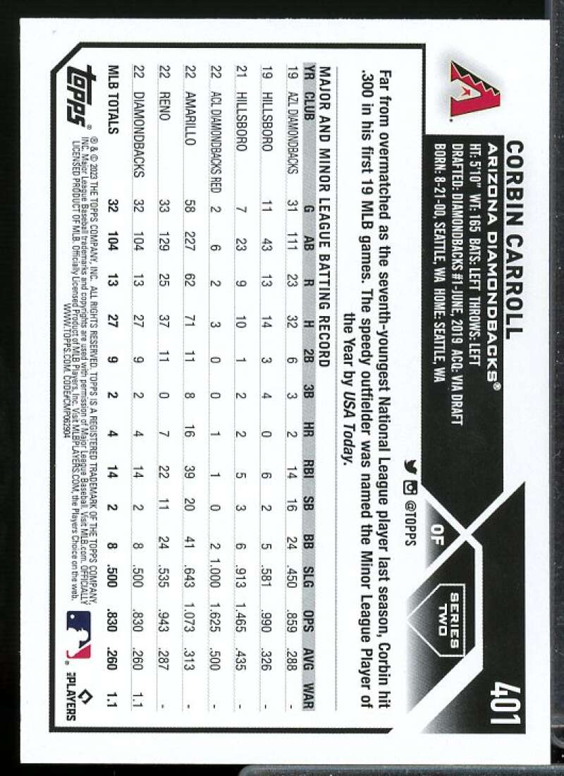 Corbin Carroll Rookie Card 2023 Topps #401  Image 2