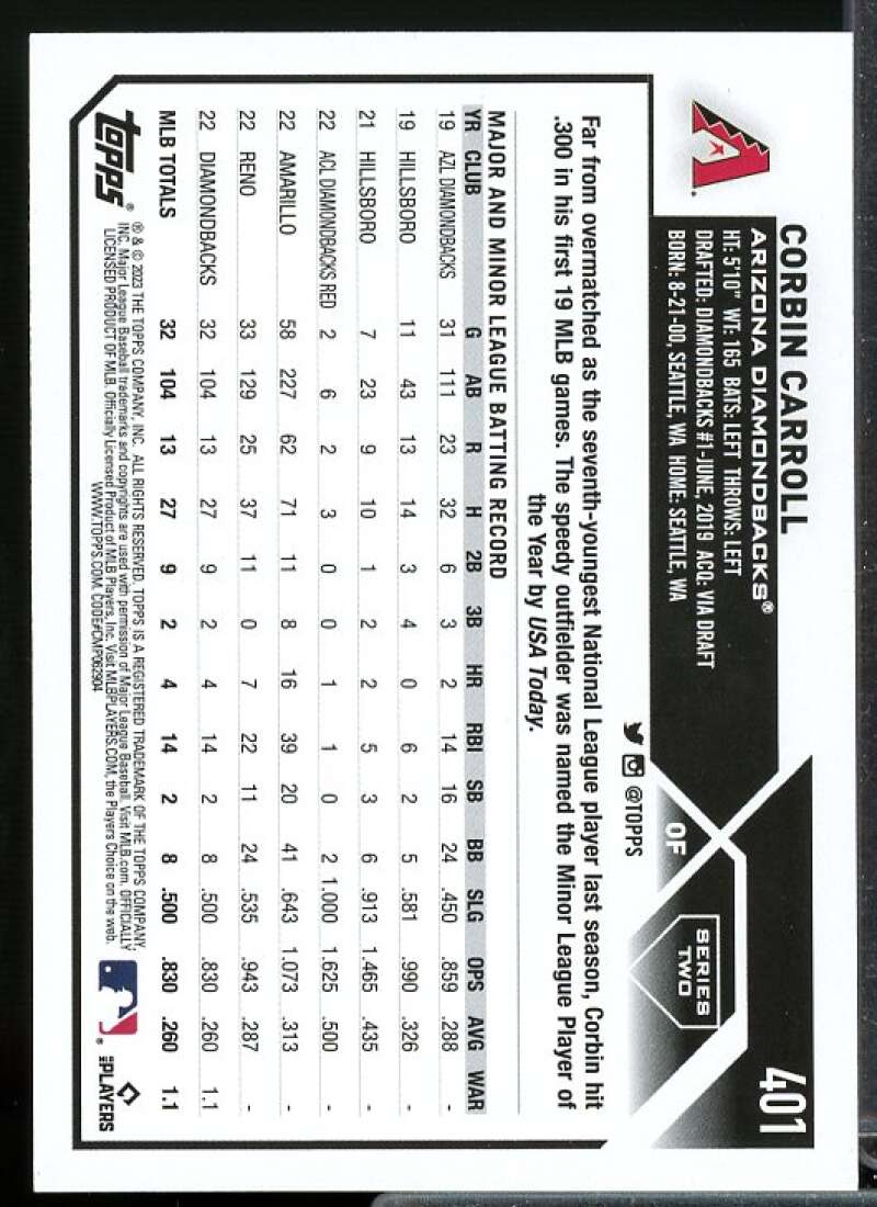 Corbin Carroll Rookie Card 2023 Topps #401  Image 2
