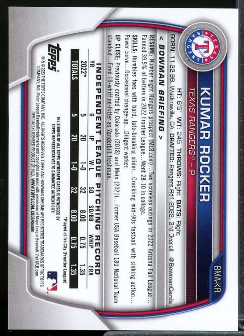 Kumar Rocker Card 2023 Bowman Chrome Mega Box Autographs Blue Refractors #BMAKR  Image 2