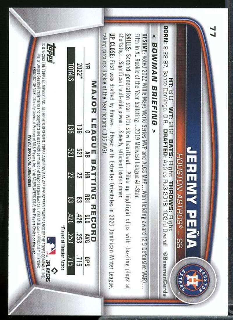 Jeremy Pena Rookie Card 2023 Bowman Green Pattern #77  Image 2