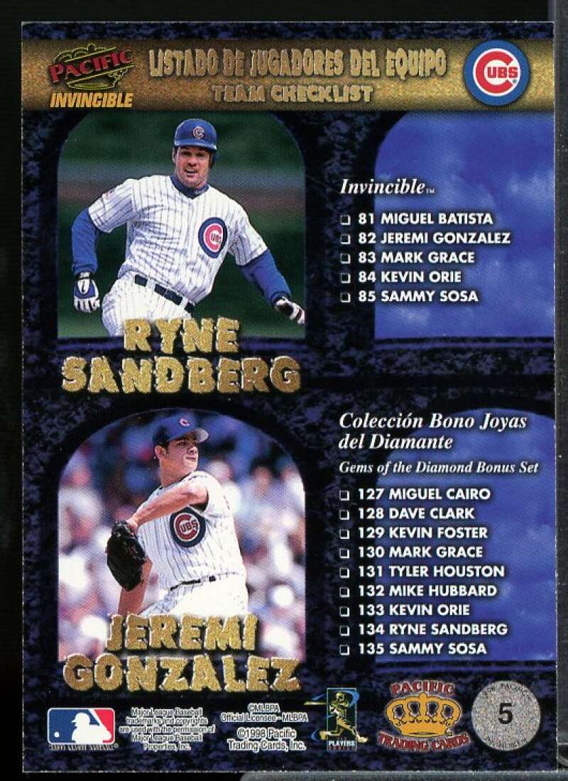 S.Sosa/Sandberg/Grace Card 1998 Pacific Invincible Team Checklists #5  Image 2