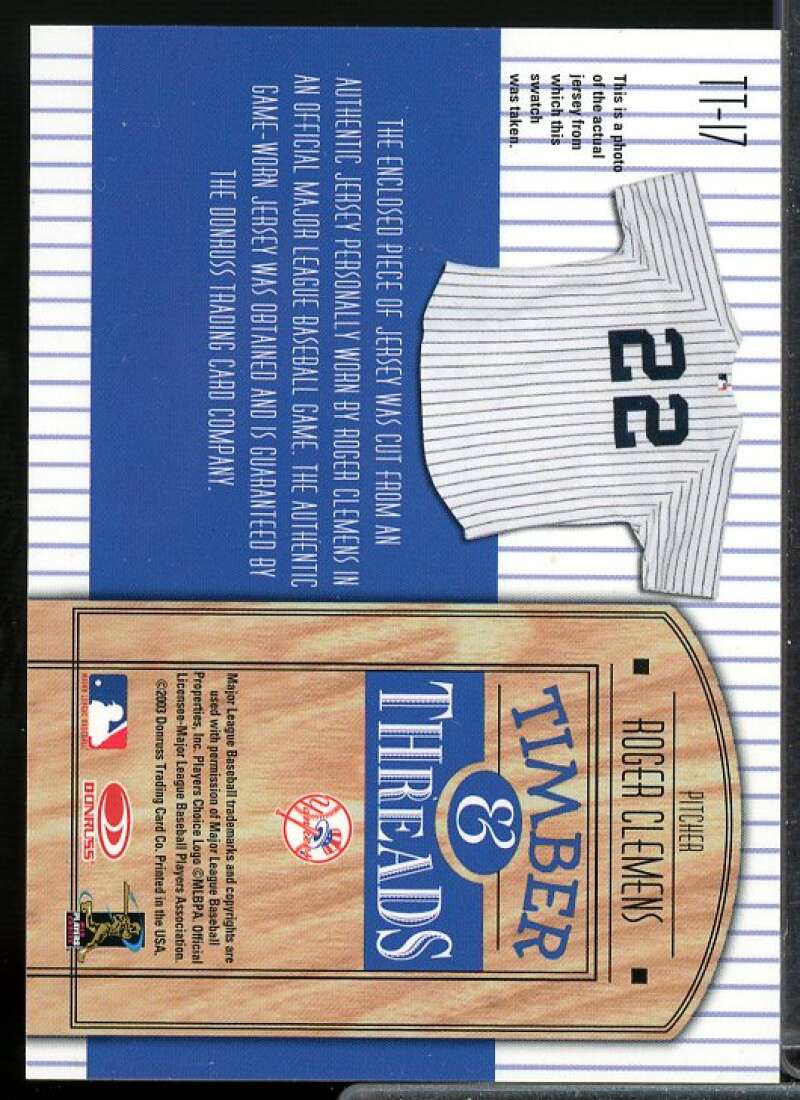 Roger Clemens Jsy Card 2004 Donruss Timber Threads #TT17  Image 2
