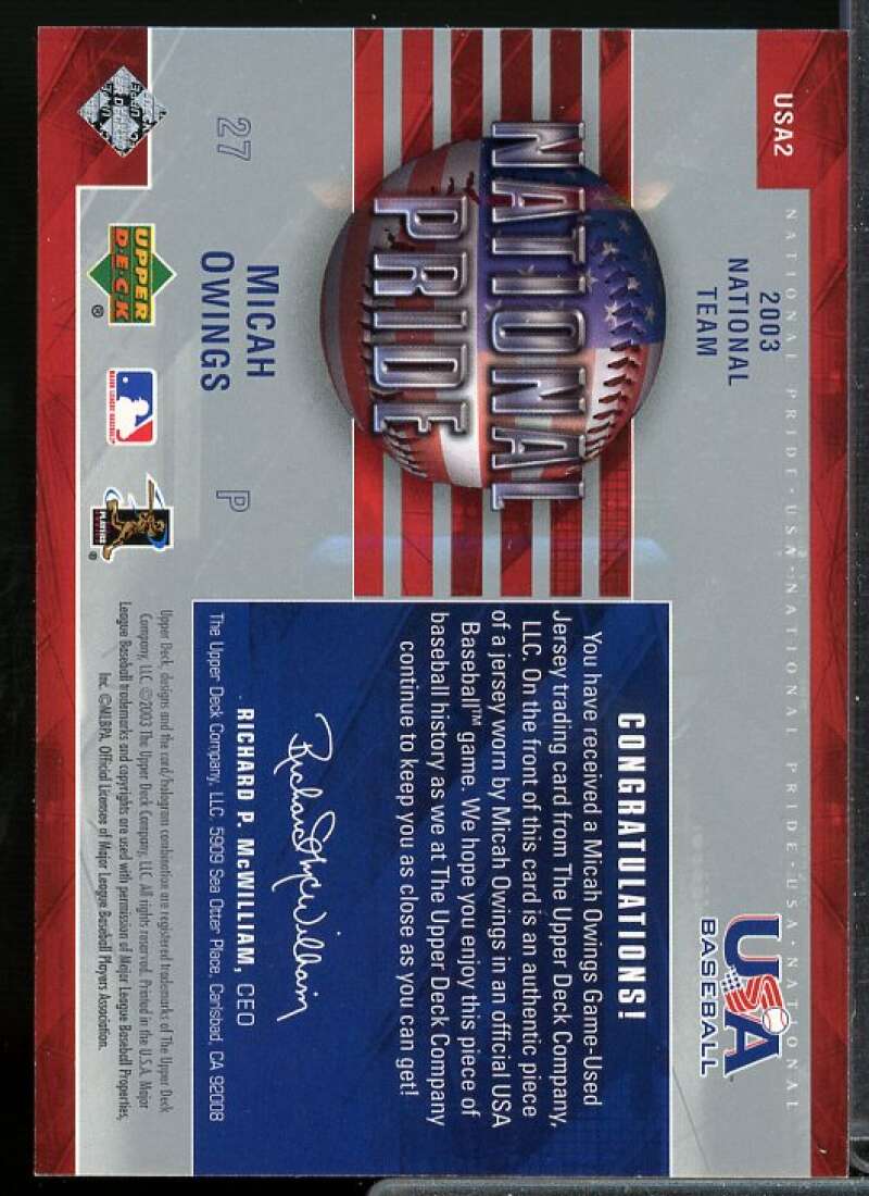 Micah Owings Rookie Card 2004 Upper Deck National Pride Jersey 1 #2  Image 2