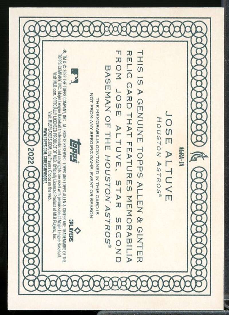 Jose Altuve Card 2022 Topps Allen and Ginter Relics #AGRAJA  Image 2