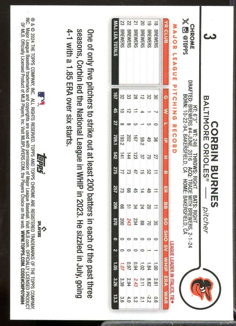 Corbin Burnes Card 2024 Topps Chrome Refractors #3  Image 2