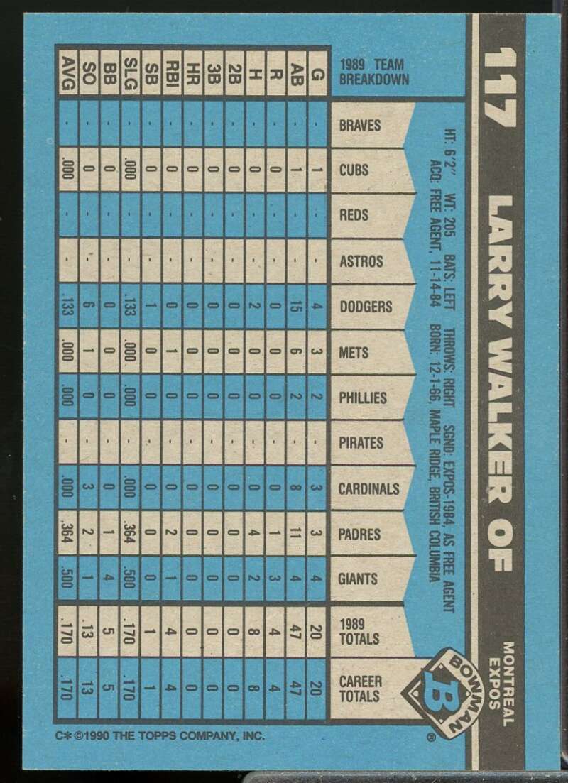 Larry Walker Rookie Card 1990 Bowman #117  Image 2