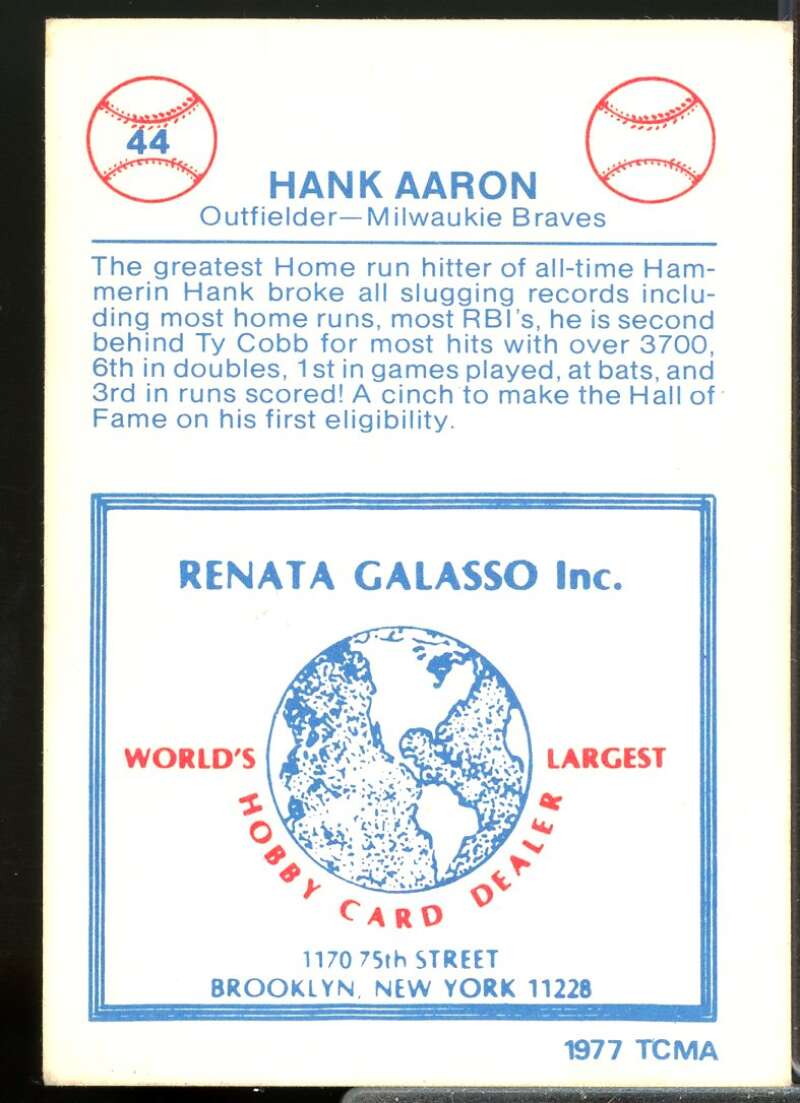 Hank Aaron Card 1977-84 Galasso Glossy Greats #44  Image 2