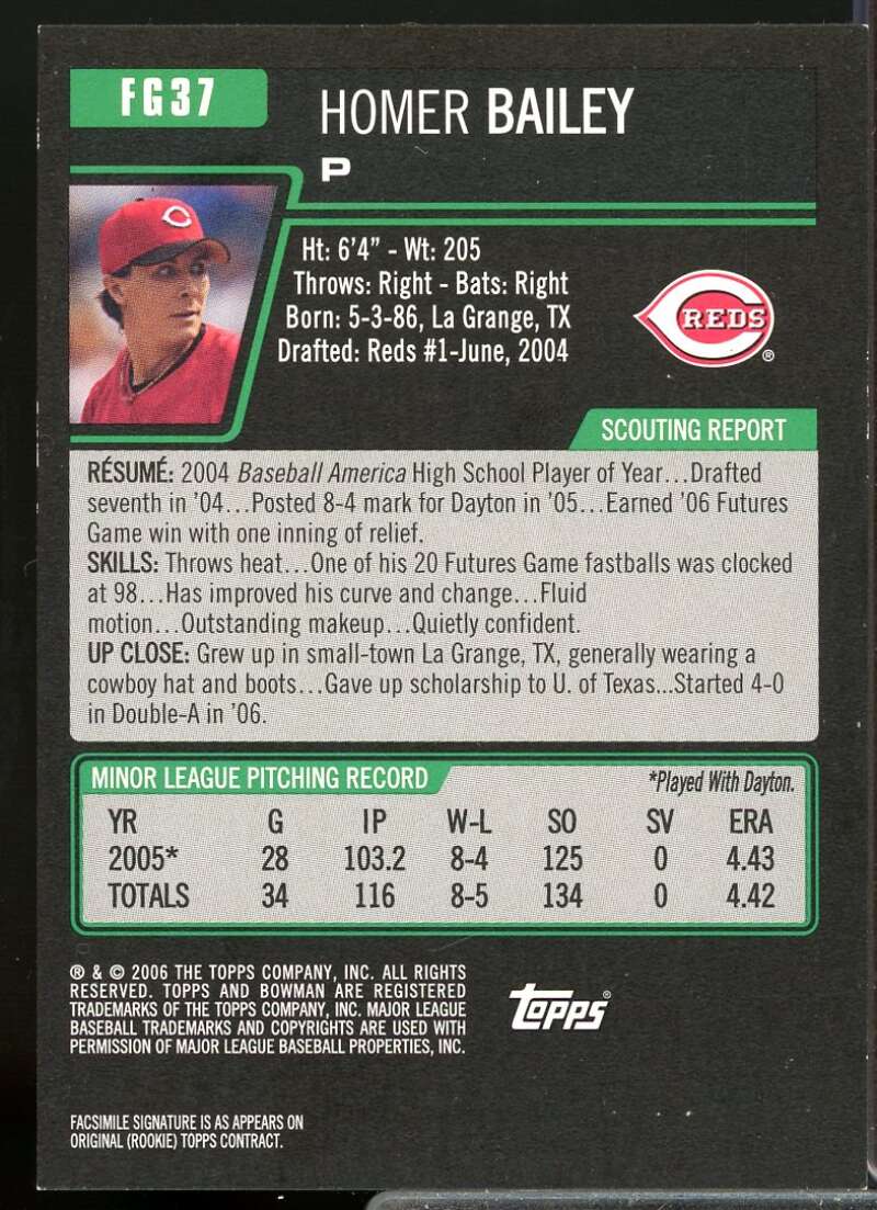 Homer Bailey Jsy B Card 2006 Bowman Draft Future's Game Prospects Relics #37  Image 2