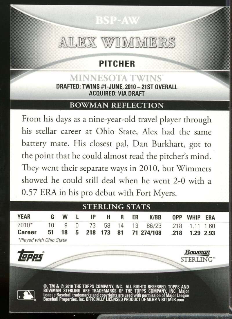Alex Wimmers Rookie Card 2010 Bowman Sterling Prospect Autographs #AW  Image 2