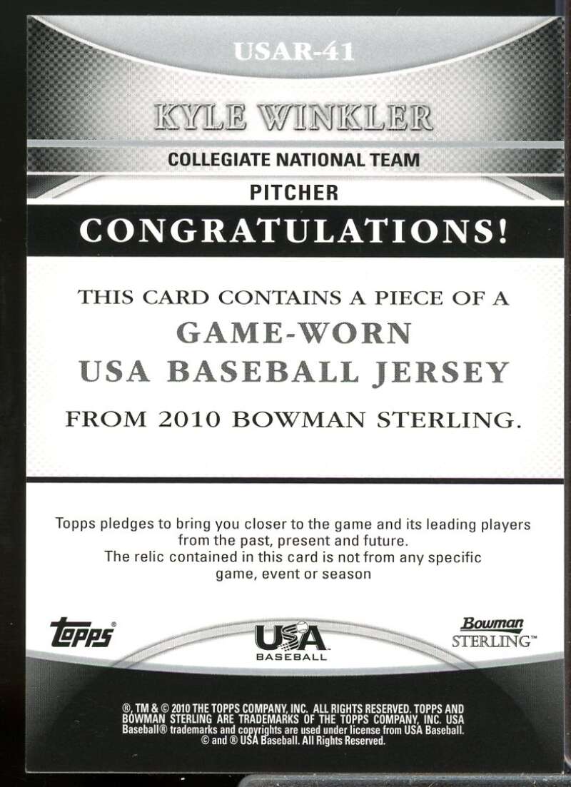 Kyle Winkler Rookie Card 2010 Bowman Sterling USA Baseball Relics #USAR41  Image 2