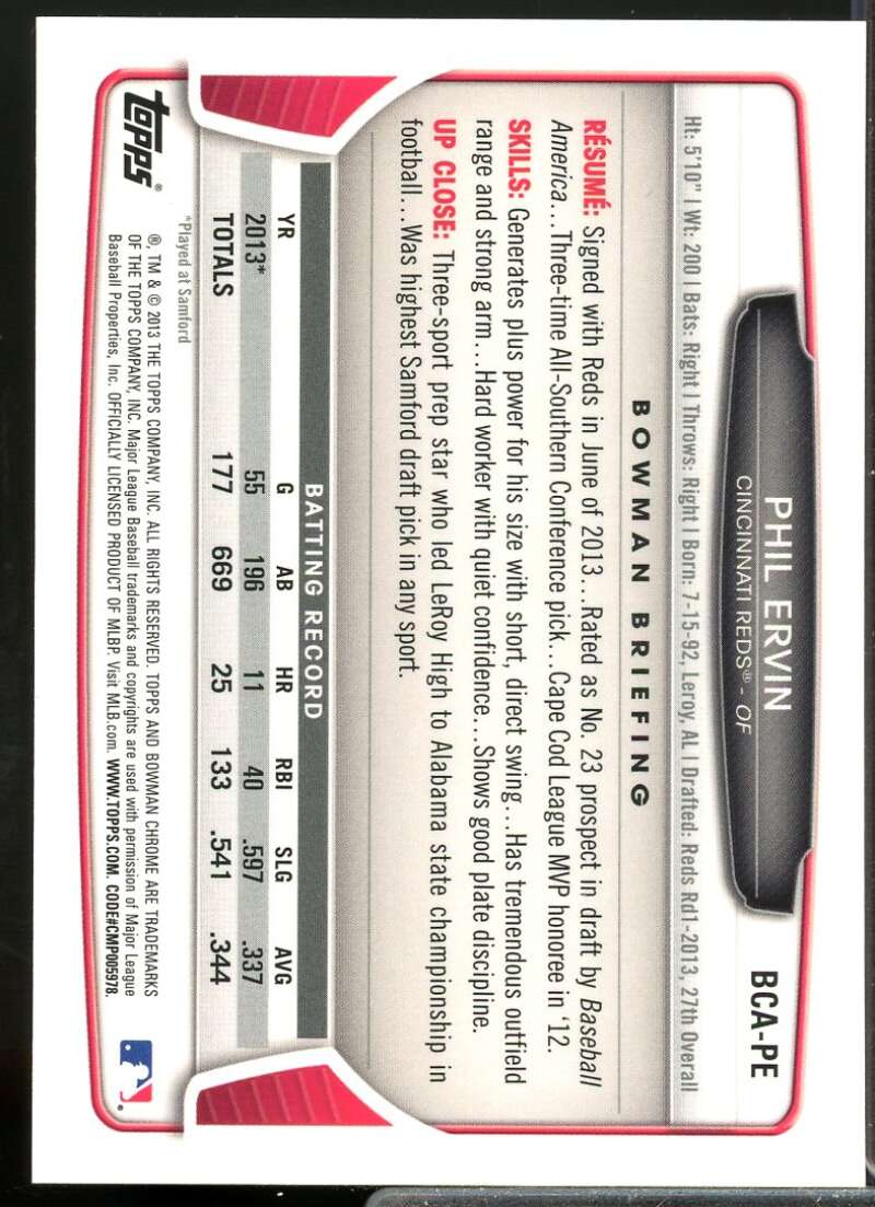 Phil Ervin Rookie Card 2013 Bowman Chrome Draft Draft Pick Autographs #PE  Image 2