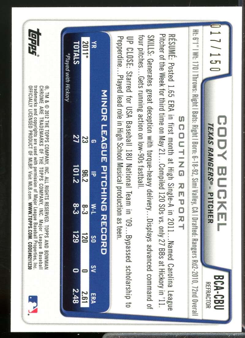 Cody Buckel Rookie 2012 Bowman Chrome Prospect Autographs Blue Refractors #CBU  Image 2