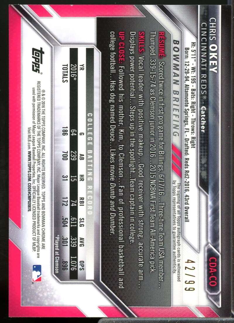 Chris Okey 2016 Bowman Chrome Draft Draft Pick Autographs Green Refractor #CDACO  Image 2