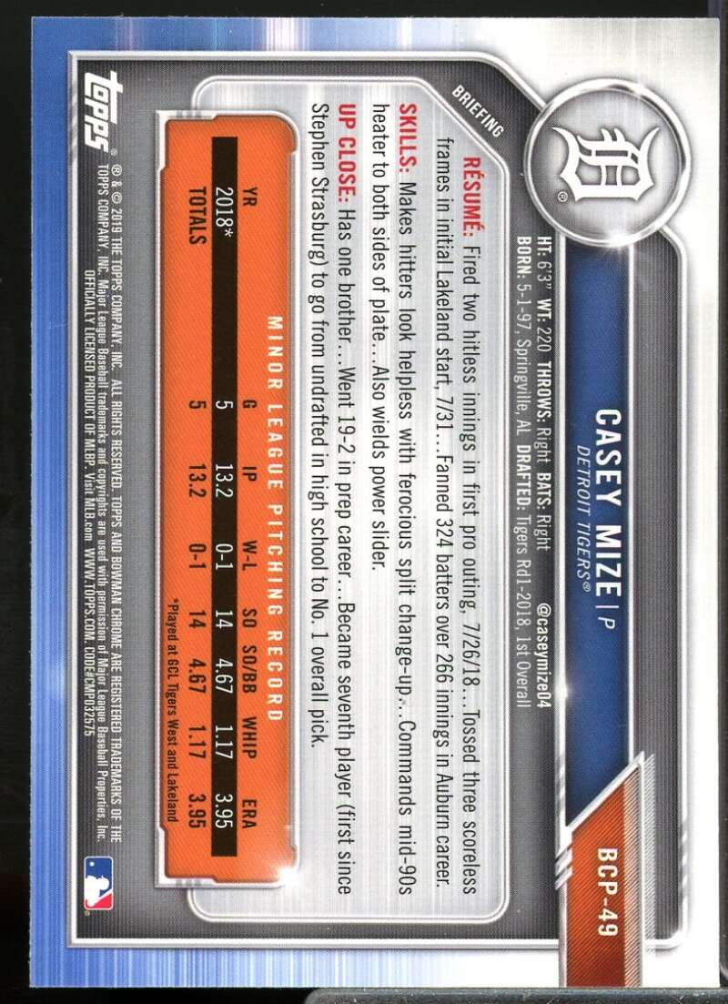 Casey Mize Card 2019 Bowman Chrome Prospects #BCP49  Image 2