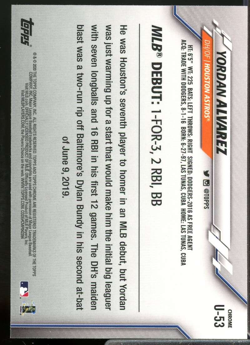 Yordan Alvarez Rookie Card 2020 Topps Chrome Update #U53  Image 2