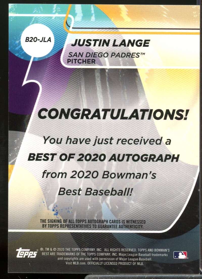 Justin Lange Rookie Card 2020 Bowman's Best Best of '20 Autographs #B20JLA  Image 2