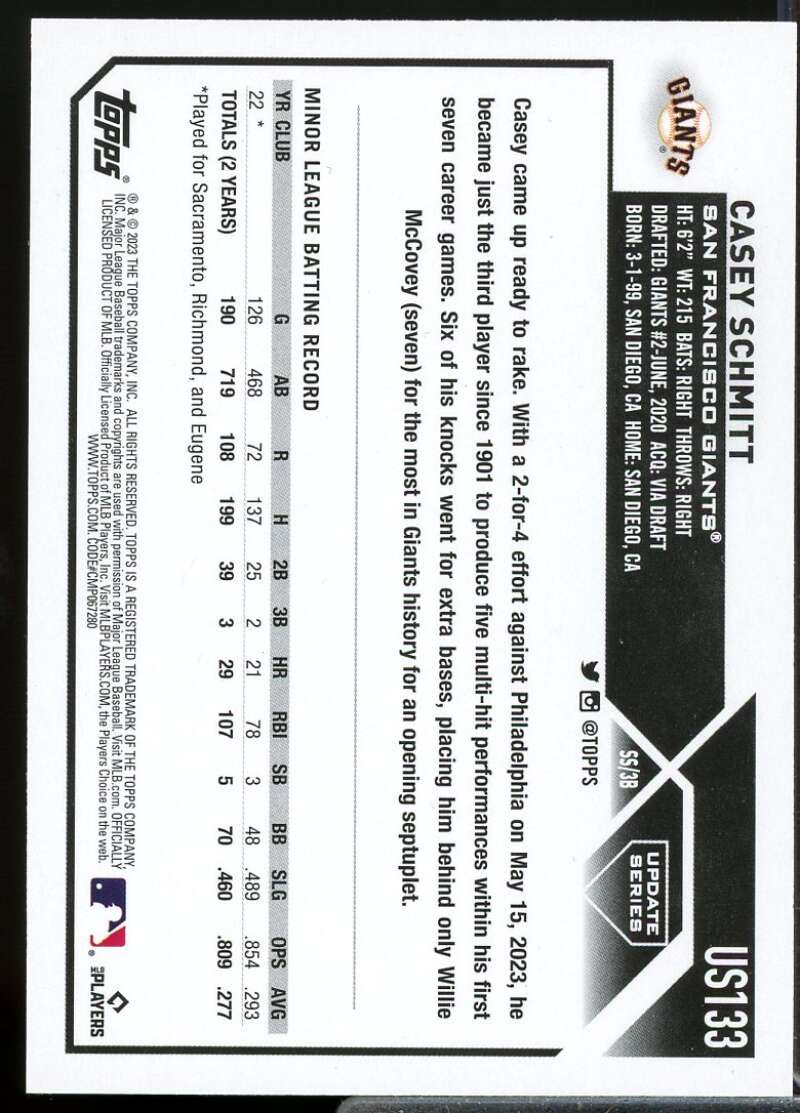 Casey Schmitt Rookie Card 2023 Topps Update #US133  Image 2