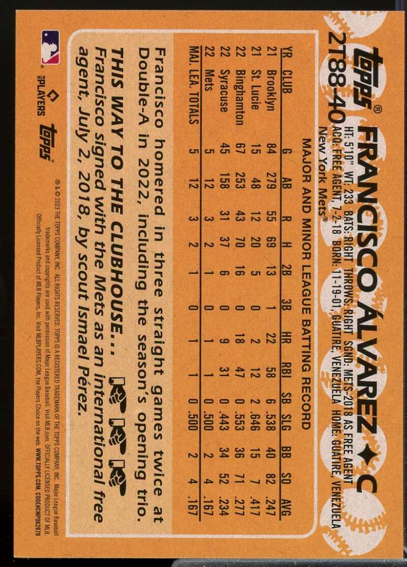 Francisco Alvarez Rookie Card 2023 Topps '88 Topps Series 2 #2T8840  Image 2
